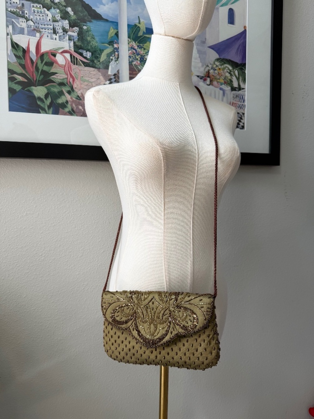 Vintage Sage Green/Gold Beaded Evening Bag Stunning Intricate